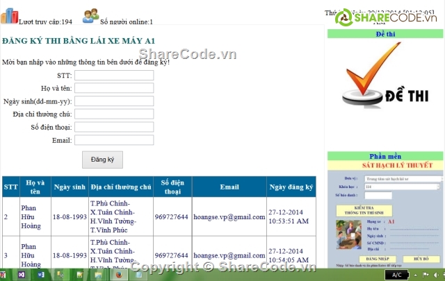 Code thi trắc nghiệm,website trắc nghiệm,thi thử bằng lái xe hạng A1,Website 3layer,website linq,website báo cáo+slide+database